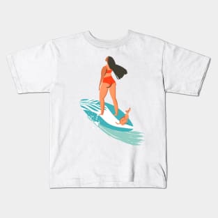 BEACH SURFING WOMEN WITH DOG Kids T-Shirt